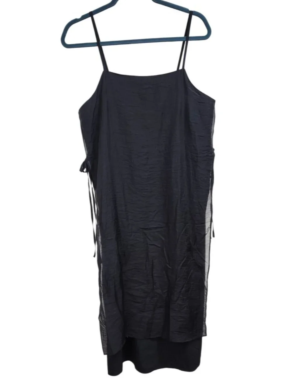 Monmouth Black Sheer Layered Midi Dress Side Tie Spaghetti Strap Minimalist S - Picture 2 of 9
